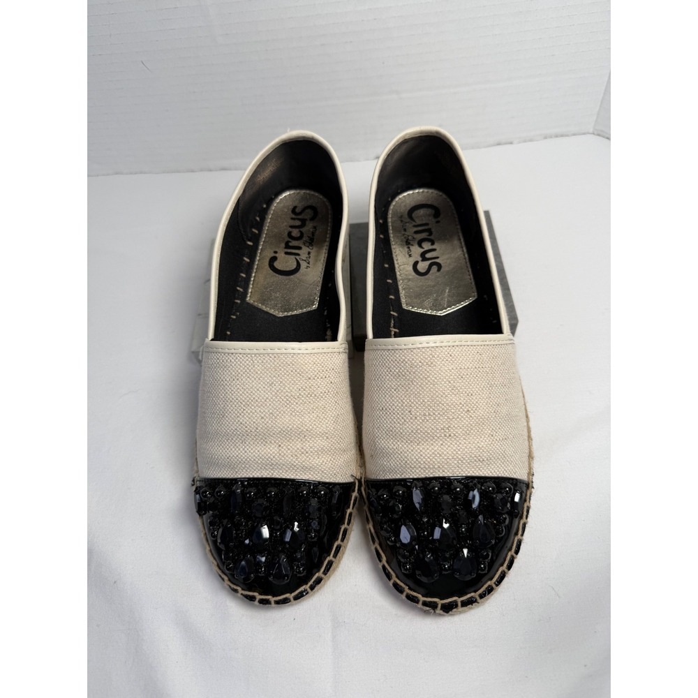 Circus by Sam Edelman Women Cream Canvas Black Beaded Cap Toe Espadrille Flats 7